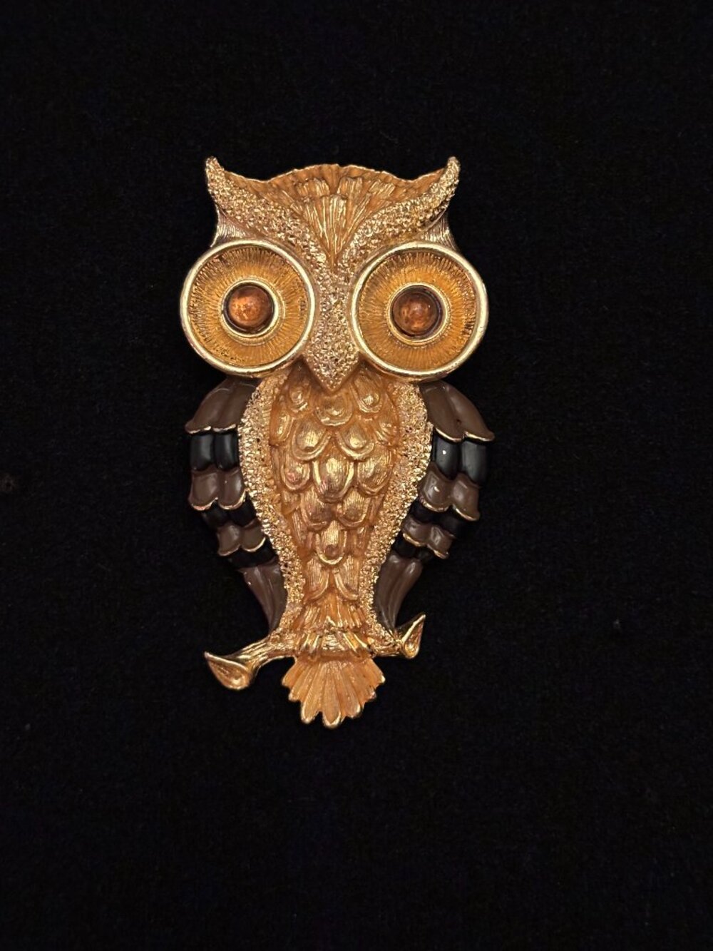 Vintage Jonette Jewelry Gold Tone & Brown Owl Pendant